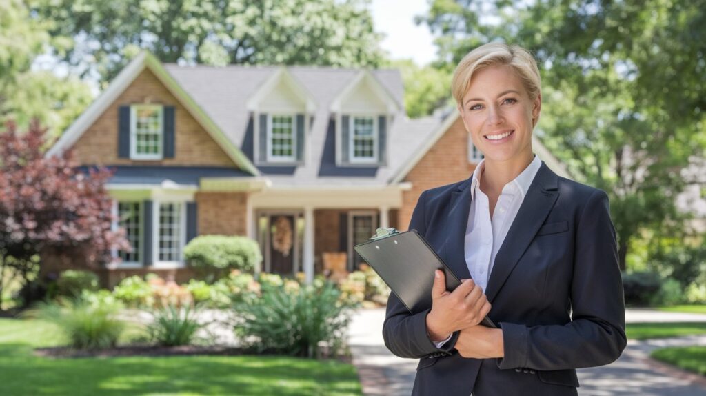 A professional real estate agent standing confidently in front of a beautiful suburban home, holding a clipboard and smiling. The setting is bright and inviting, with lush greenery in the background. Is Real Estate a Good Career? 5 Insider Insights Revealed