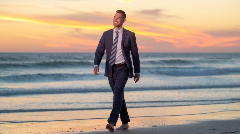 A smiling professional enjoying a sunset walk on the beach, symbolizing a successful balance between career growth and personal life.