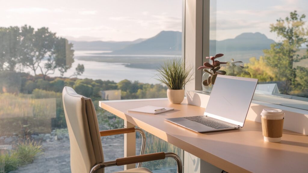 A serene workplace environment with a desk overlooking a scenic outdoor view, symbolizing work-life balance. Includes a laptop, coffee cup, and plant, with soft natural lighting. Best Careers with Work Life Balance