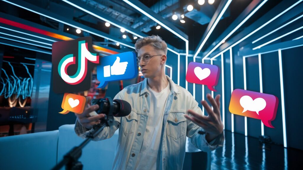 A young creator recording a TikTok video with overlay icons of likes, shares, and comments appearing on the screen. The setting includes LED lights and trendy decor, emphasizing a lively and engaging vibe.