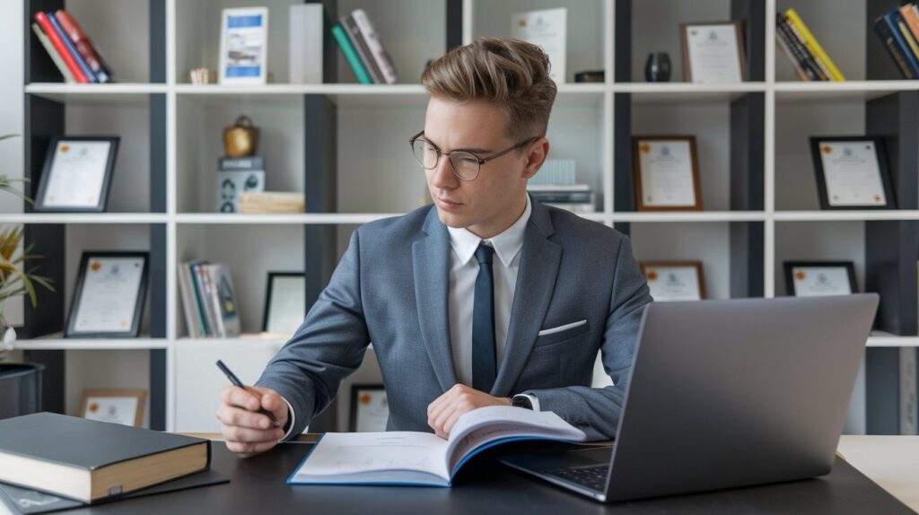 A young real estate agent in a professional outfit, studying with a laptop and a real estate training manual. A modern office with shelves of books and certificates can be seen in the background.