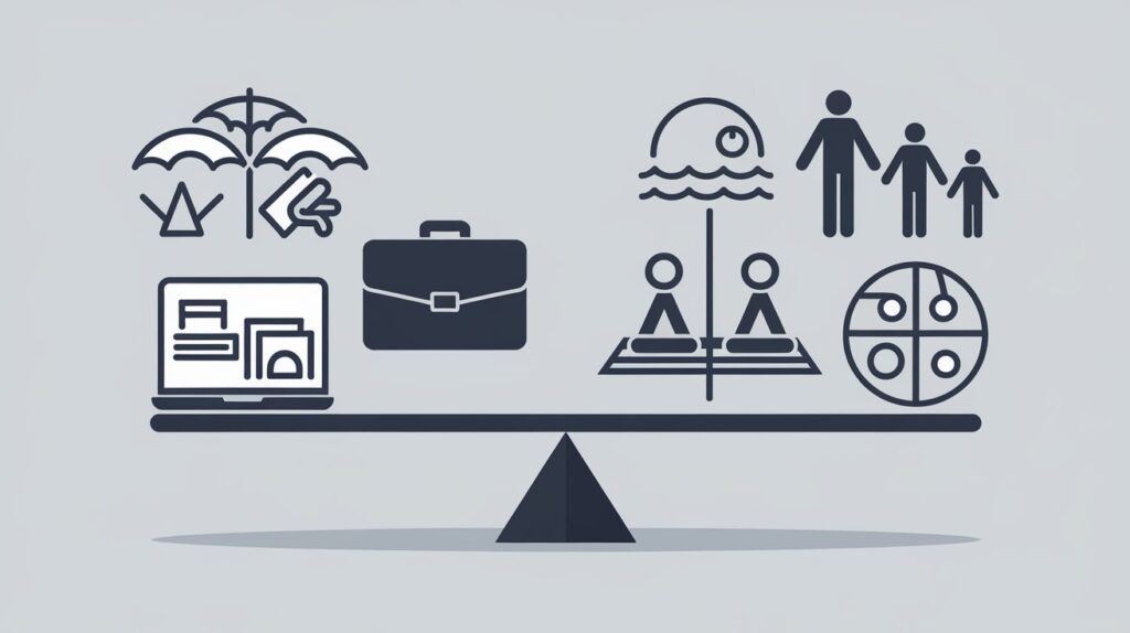 A professional infographic showing work-life balance scales. One side of the scale features office items (laptop, briefcase), and the other side shows leisure elements (beach, yoga mat, family icons).